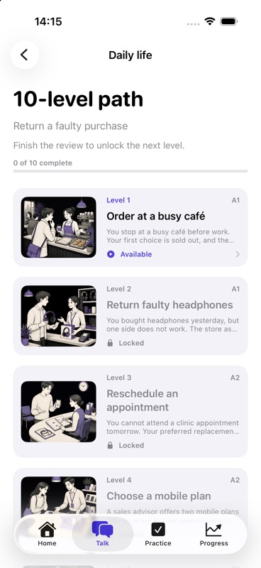 SuperEcho's ten-level Daily life path in English, progressing from A1 to C2 tasks