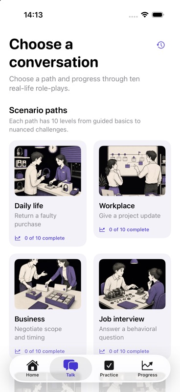 SuperEcho scenario selection in English with Daily life, Workplace, Business, and Job interview paths